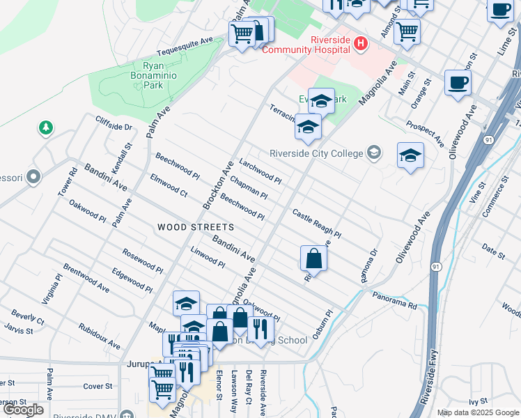 map of restaurants, bars, coffee shops, grocery stores, and more near 3921 Beechwood Place in Riverside