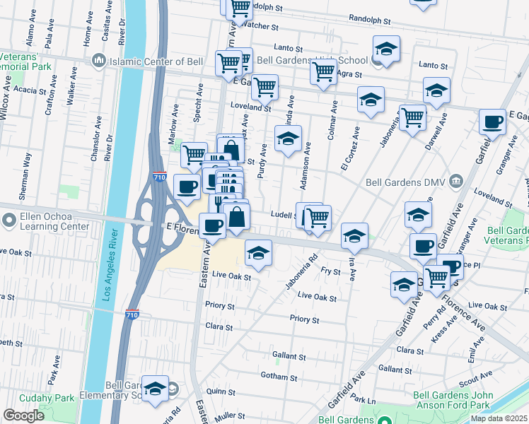 map of restaurants, bars, coffee shops, grocery stores, and more near 5859 Ludell Street in Bell Gardens