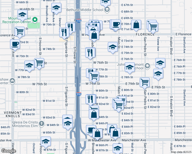 map of restaurants, bars, coffee shops, grocery stores, and more near 7728 South Broadway in Los Angeles