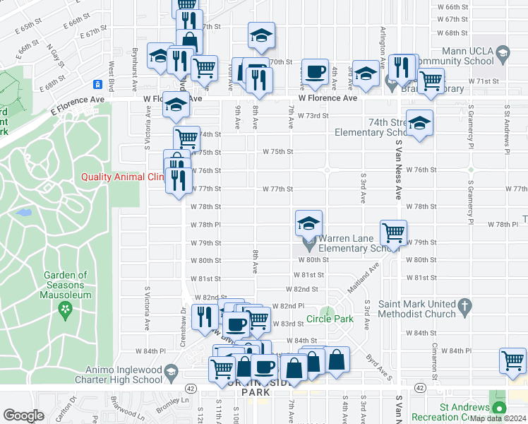map of restaurants, bars, coffee shops, grocery stores, and more near 3016 West 78th Street in Inglewood