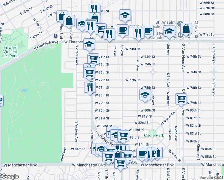 map of restaurants, bars, coffee shops, grocery stores, and more near 3124 West 78th Street in Los Angeles