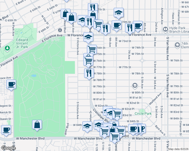 map of restaurants, bars, coffee shops, grocery stores, and more near 3316 West 78th Street in Los Angeles