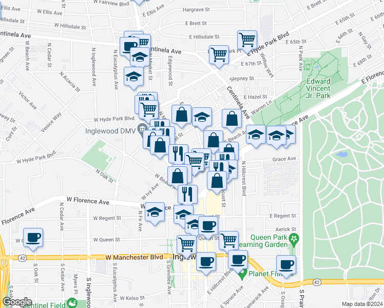 map of restaurants, bars, coffee shops, grocery stores, and more near 217 East Ivy Avenue in Inglewood