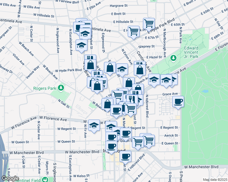 map of restaurants, bars, coffee shops, grocery stores, and more near 217 East Ivy Avenue in Inglewood