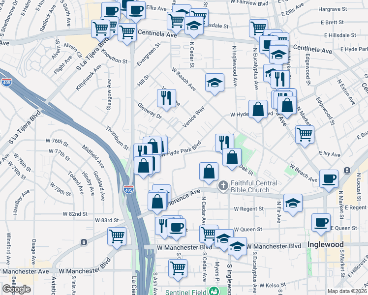 map of restaurants, bars, coffee shops, grocery stores, and more near 701 Glenway Drive in Inglewood