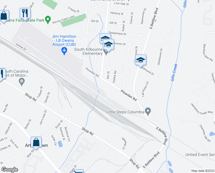map of restaurants, bars, coffee shops, grocery stores, and more near 3800 Plowden Road in Columbia