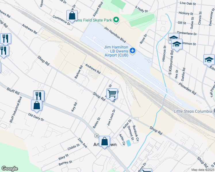 map of restaurants, bars, coffee shops, grocery stores, and more near 1233 Walcott Street in Columbia