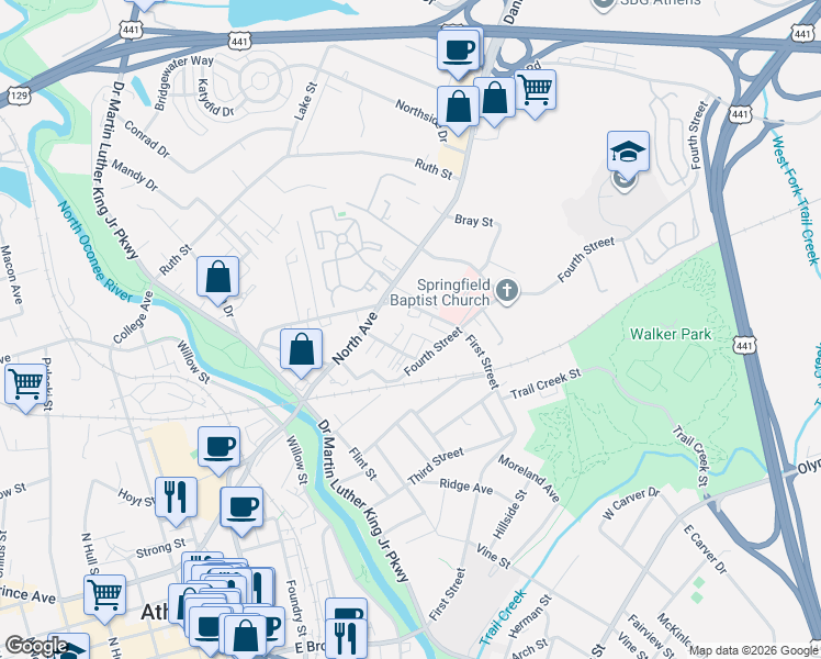 map of restaurants, bars, coffee shops, grocery stores, and more near 150 Berlin Street in Athens