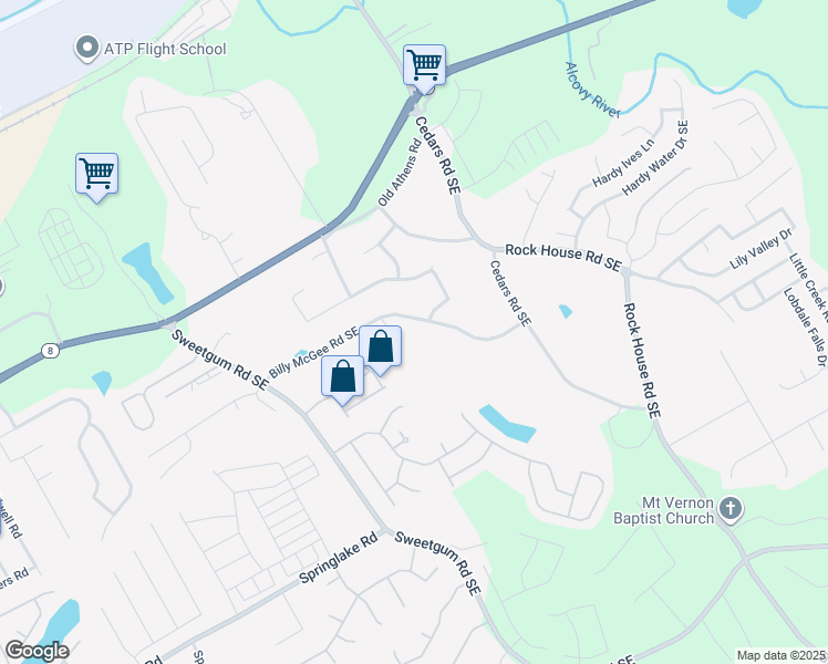 map of restaurants, bars, coffee shops, grocery stores, and more near 1082 Billy McGee Road Southeast in Lawrenceville