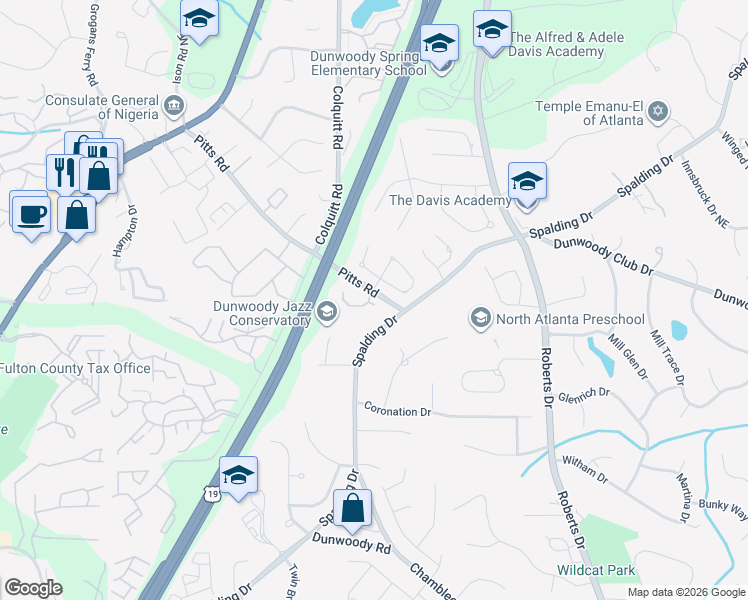 map of restaurants, bars, coffee shops, grocery stores, and more near 7815 Stratford Lane in Sandy Springs