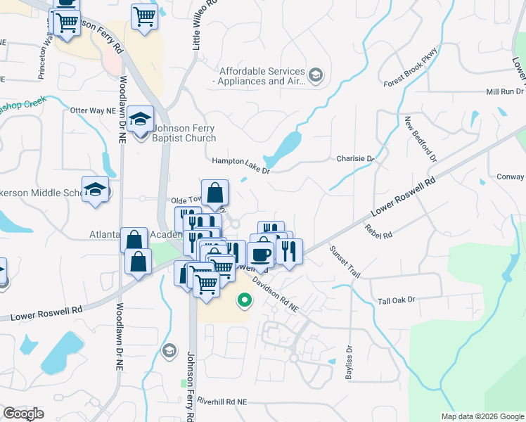 map of restaurants, bars, coffee shops, grocery stores, and more near 722 Olde Towne Lane in Marietta