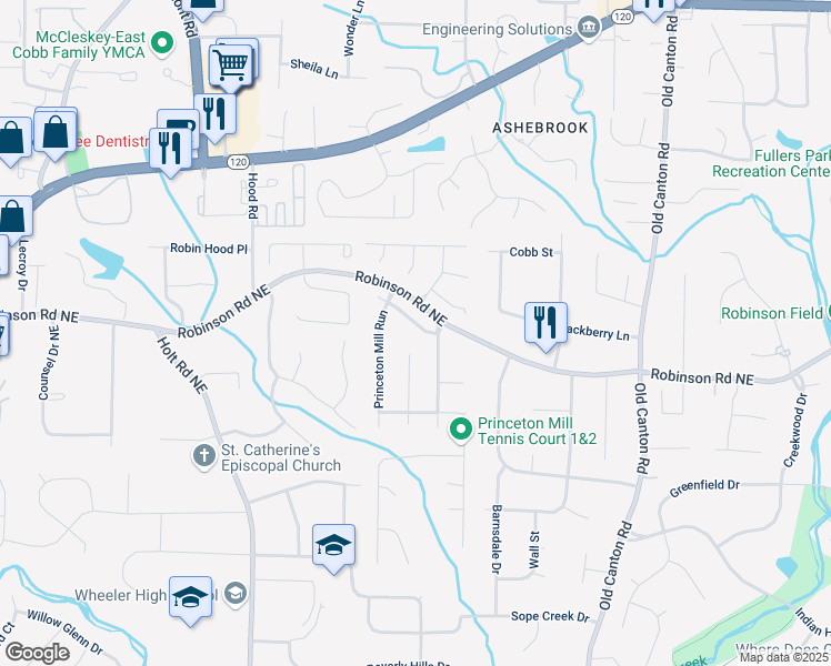map of restaurants, bars, coffee shops, grocery stores, and more near 2830 Scottish Mill Way in Marietta