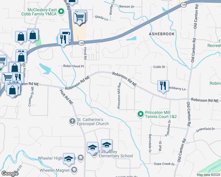 map of restaurants, bars, coffee shops, grocery stores, and more near 2634 Weddington Place Northeast in Marietta