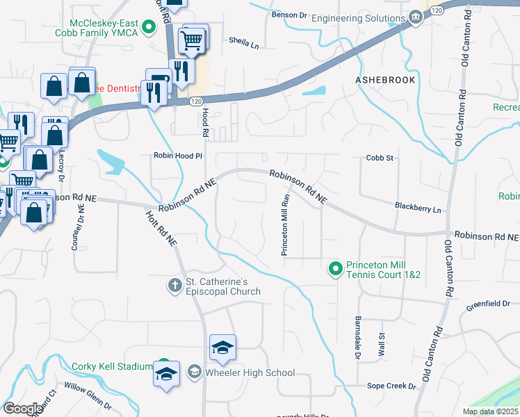 map of restaurants, bars, coffee shops, grocery stores, and more near 2630 Weddington Place Northeast in Marietta