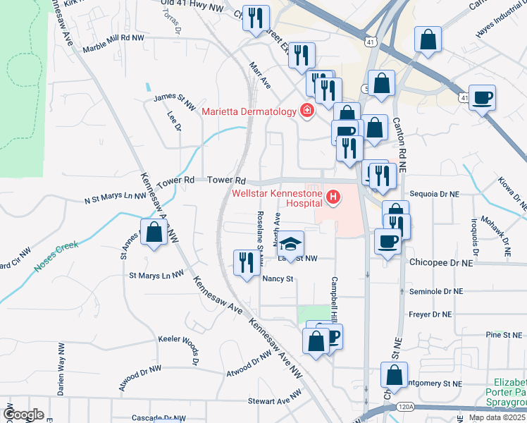 map of restaurants, bars, coffee shops, grocery stores, and more near 334 Roselane Street Northwest in Marietta