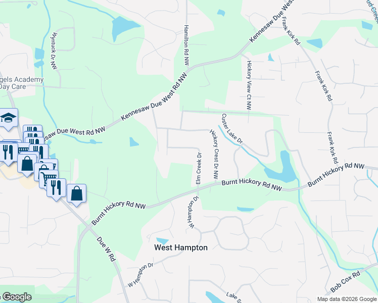 map of restaurants, bars, coffee shops, grocery stores, and more near 3399 Elm Creek Drive in Marietta