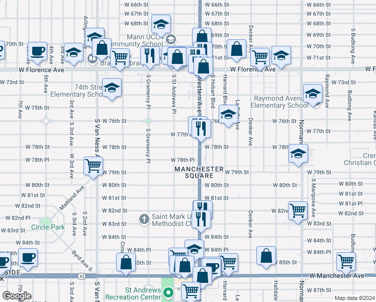 map of restaurants, bars, coffee shops, grocery stores, and more near 1826 West 78th Street in Los Angeles