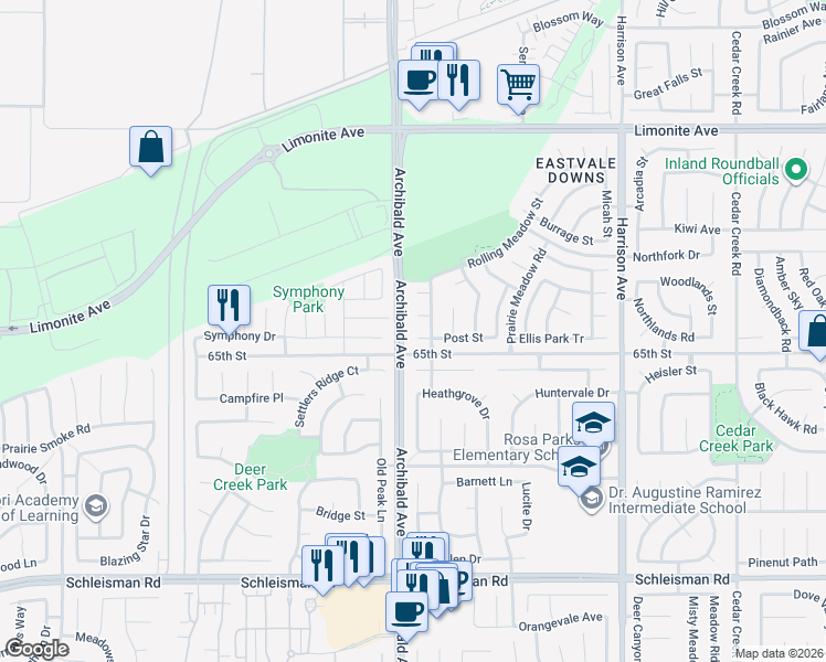 map of restaurants, bars, coffee shops, grocery stores, and more near 14188 Post Street in Corona