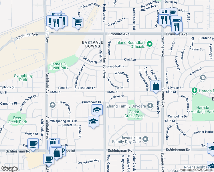 map of restaurants, bars, coffee shops, grocery stores, and more near 6565 Mallory Court in Corona