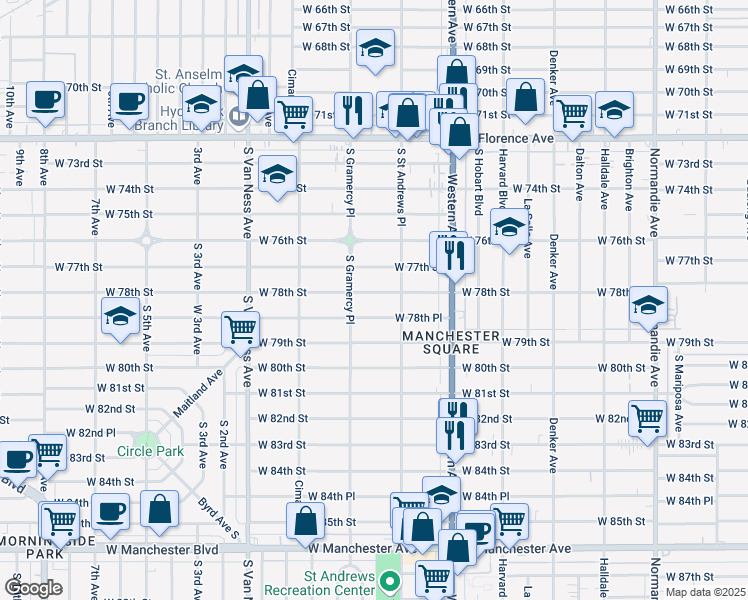 map of restaurants, bars, coffee shops, grocery stores, and more near 1936 West 78th Street in Los Angeles