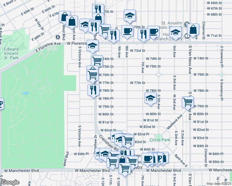 map of restaurants, bars, coffee shops, grocery stores, and more near 3124 West 78th Street in Los Angeles