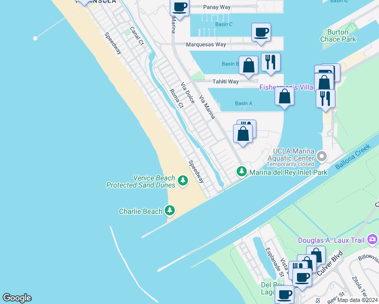 map of restaurants, bars, coffee shops, grocery stores, and more near 21 Topsail Street in Marina del Rey