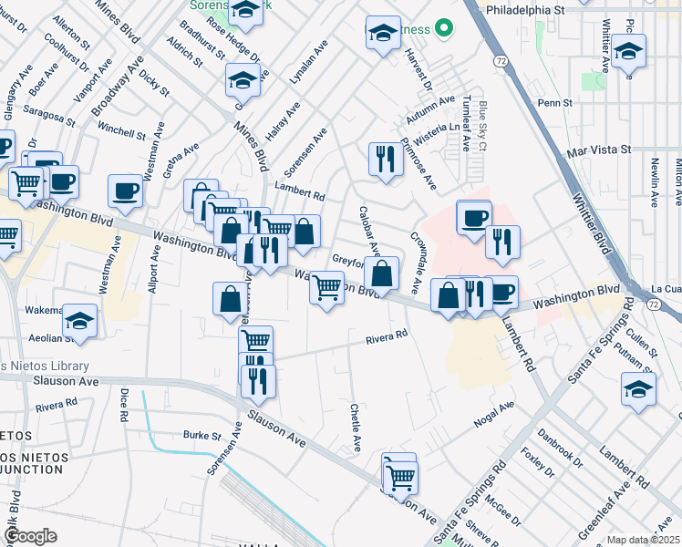 map of restaurants, bars, coffee shops, grocery stores, and more near 7934 Appledale Avenue in Whittier