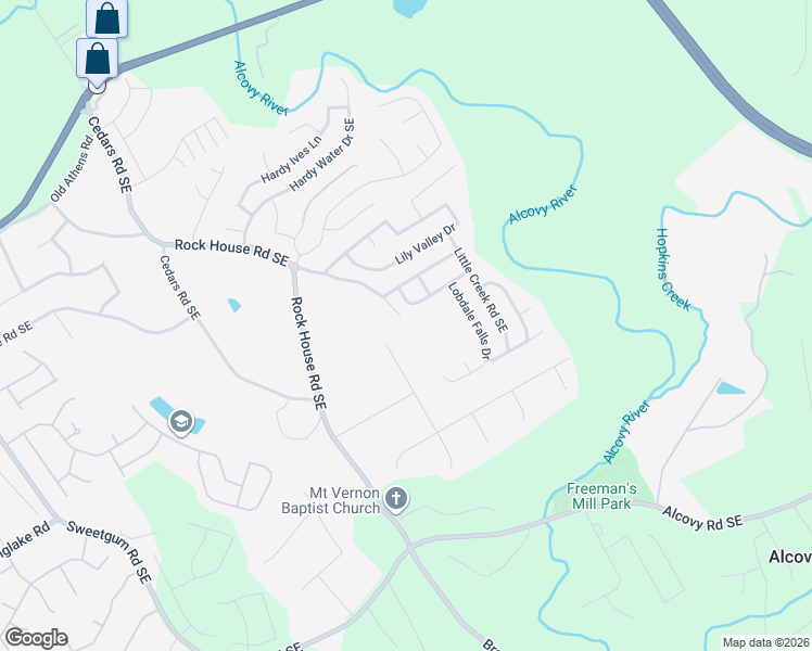 map of restaurants, bars, coffee shops, grocery stores, and more near 285 East Rock House Road in Lawrenceville