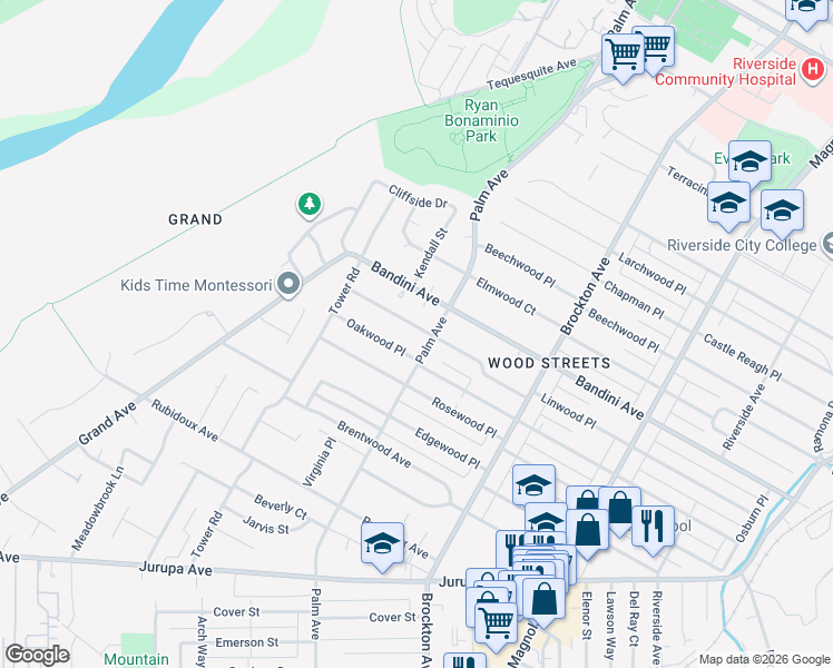 map of restaurants, bars, coffee shops, grocery stores, and more near 4540 Linwood Place in Riverside