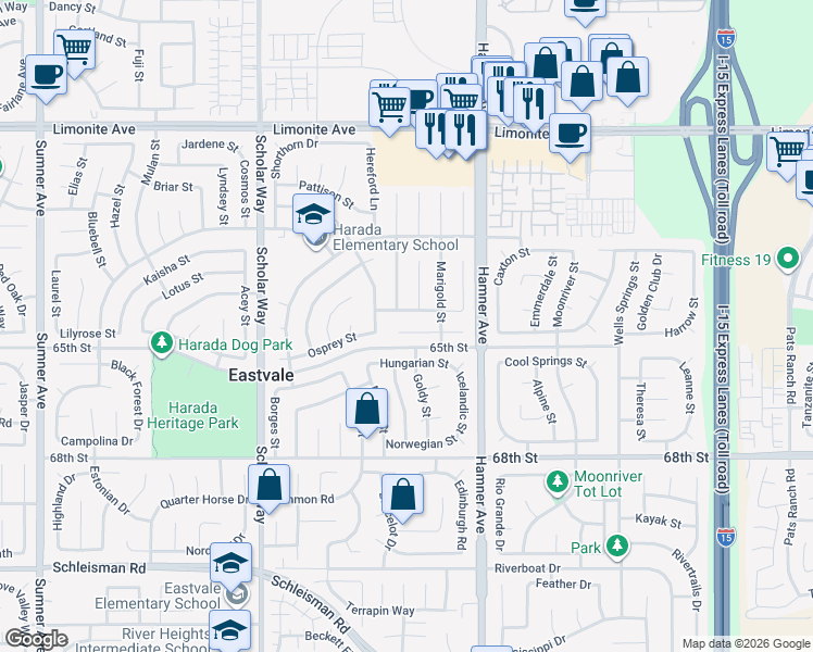 map of restaurants, bars, coffee shops, grocery stores, and more near 12730 Carnation Street in Corona