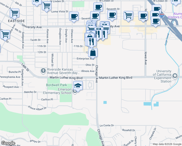 map of restaurants, bars, coffee shops, grocery stores, and more near 1744 Illinois Avenue in Riverside