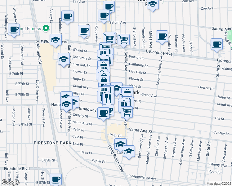 map of restaurants, bars, coffee shops, grocery stores, and more near 2640 Grand Avenue in Huntington Park