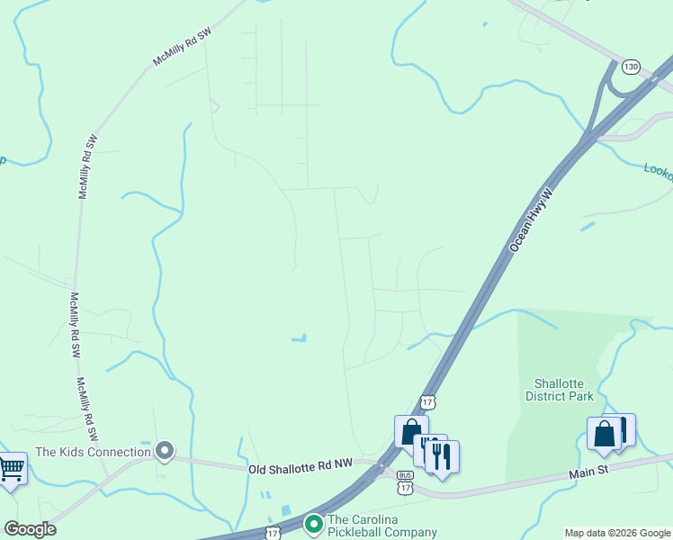 map of restaurants, bars, coffee shops, grocery stores, and more near 239 Wildwood Street Northwest in Shallotte
