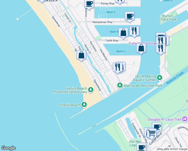 map of restaurants, bars, coffee shops, grocery stores, and more near 21 Topsail Street in Marina del Rey