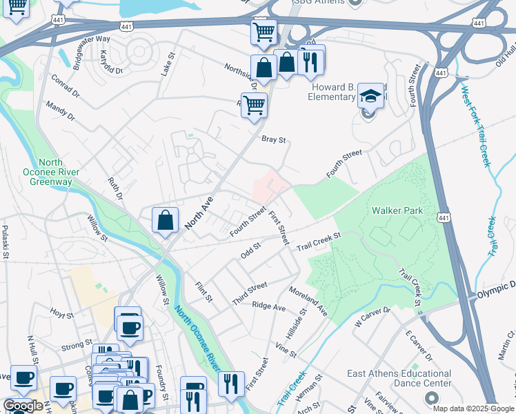 map of restaurants, bars, coffee shops, grocery stores, and more near 270 Strickland Avenue in Athens