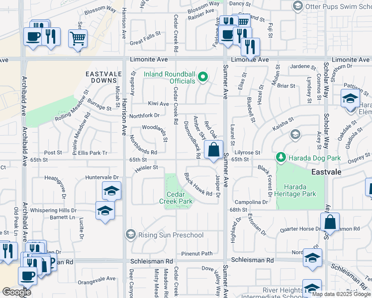 map of restaurants, bars, coffee shops, grocery stores, and more near 13566 Gray Hawk Court in Corona