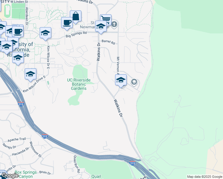map of restaurants, bars, coffee shops, grocery stores, and more near 4470 Watkins Drive in Riverside