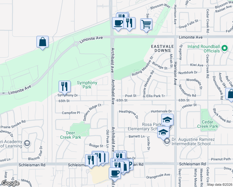 map of restaurants, bars, coffee shops, grocery stores, and more near 14188 Post Street in Corona