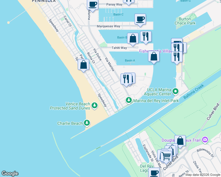 map of restaurants, bars, coffee shops, grocery stores, and more near in Marina del Rey