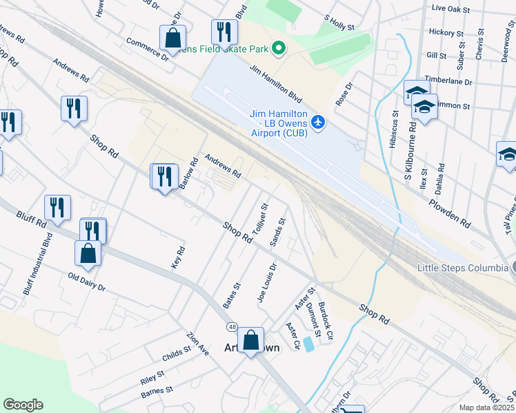 map of restaurants, bars, coffee shops, grocery stores, and more near 1233 Walcott Street in Columbia