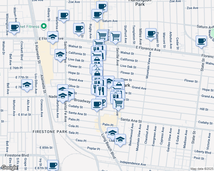 map of restaurants, bars, coffee shops, grocery stores, and more near 2634 Grand Avenue in Huntington Park