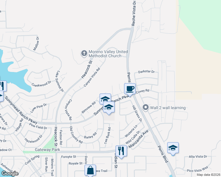 map of restaurants, bars, coffee shops, grocery stores, and more near 10457 Sagecrest Drive in Moreno Valley