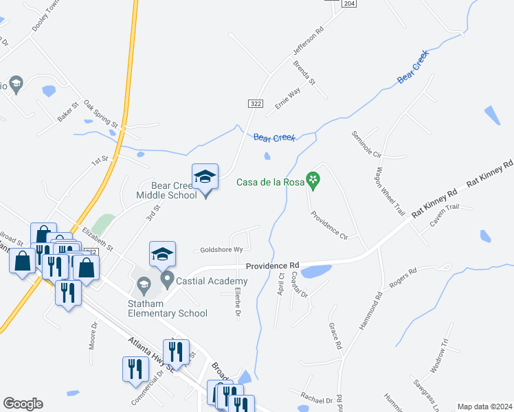 map of restaurants, bars, coffee shops, grocery stores, and more near 220 Jefferson Street in Statham