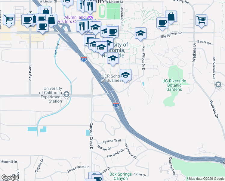 map of restaurants, bars, coffee shops, grocery stores, and more near 215 Martin Luther King Boulevard in Riverside