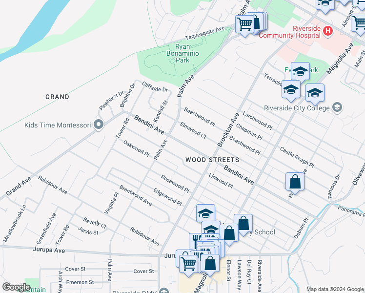 map of restaurants, bars, coffee shops, grocery stores, and more near 4360 Bandini Avenue in Riverside