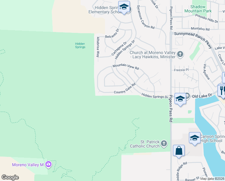 map of restaurants, bars, coffee shops, grocery stores, and more near 22500 Country Gate Road in Moreno Valley