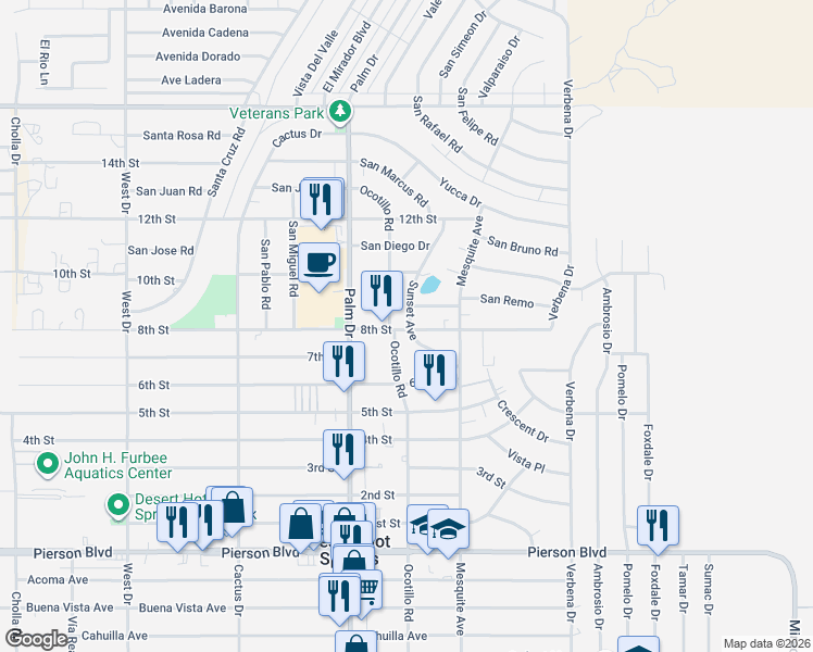 map of restaurants, bars, coffee shops, grocery stores, and more near 66648 8th Street in Desert Hot Springs