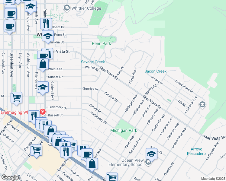 map of restaurants, bars, coffee shops, grocery stores, and more near 14044 Sunset Drive in Whittier