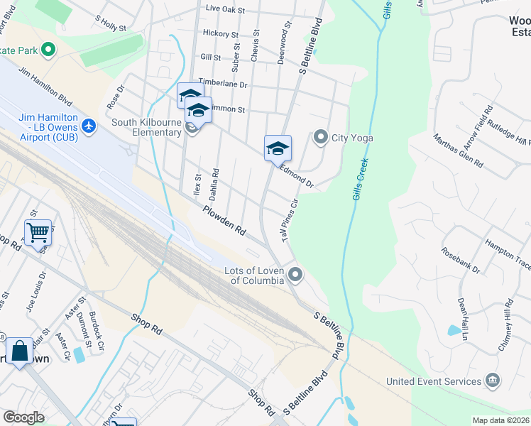 map of restaurants, bars, coffee shops, grocery stores, and more near 4103 Lantana Drive in Columbia