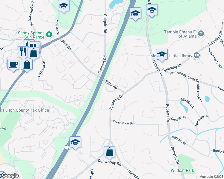 map of restaurants, bars, coffee shops, grocery stores, and more near 7790 Stratford Lane in Sandy Springs